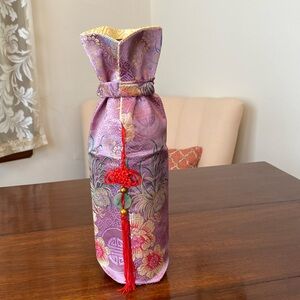 Asian Purple Brocade Wine Gift Bag with tassel & covered elastic band (reusable)